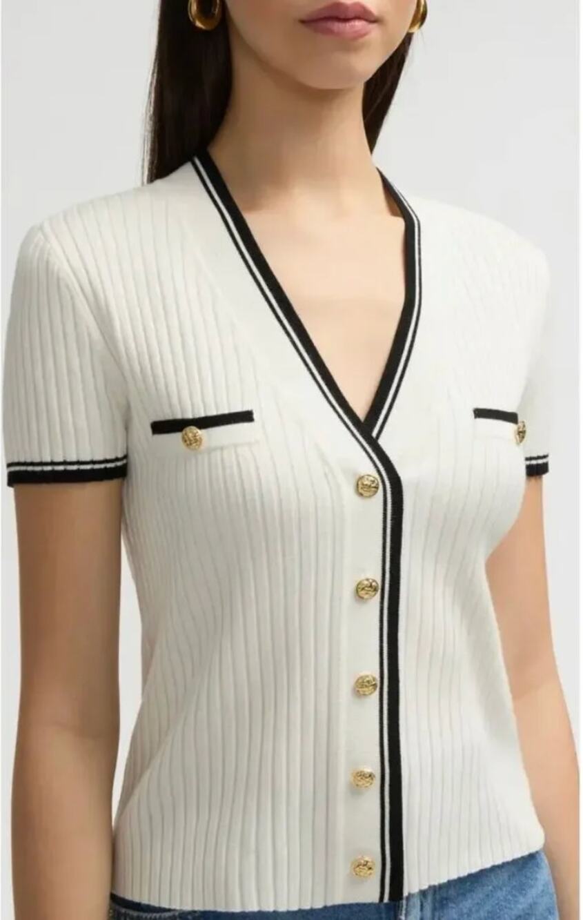 NVLT Stripe Short Sleeve Ribbed Nautical Cardigan Size Small